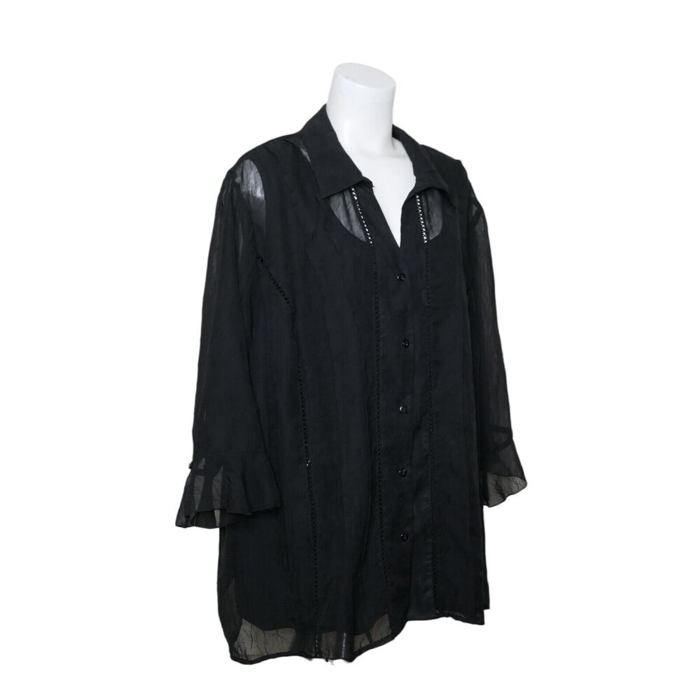Maggie Barnes Black 3/4 Long Sleeve Button Front Twinset 3XL Ruffled Sleeve EUC